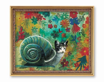 Impresión de arte de gato extraño, regalos de caracol, regalo de inauguración de la casa, arte extraño, decoración del hogar maximalista, impresión Giclee, amantes de los animales, dormitorio, Cat Mom Rescu