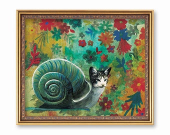 Weird Cat Art Print, Snail Gifts, Housewarming Gift, Weird Art, Maximalist Home Decor, Giclee Print, Animal Lovers, Dorm Room, Cat Mom Rescu