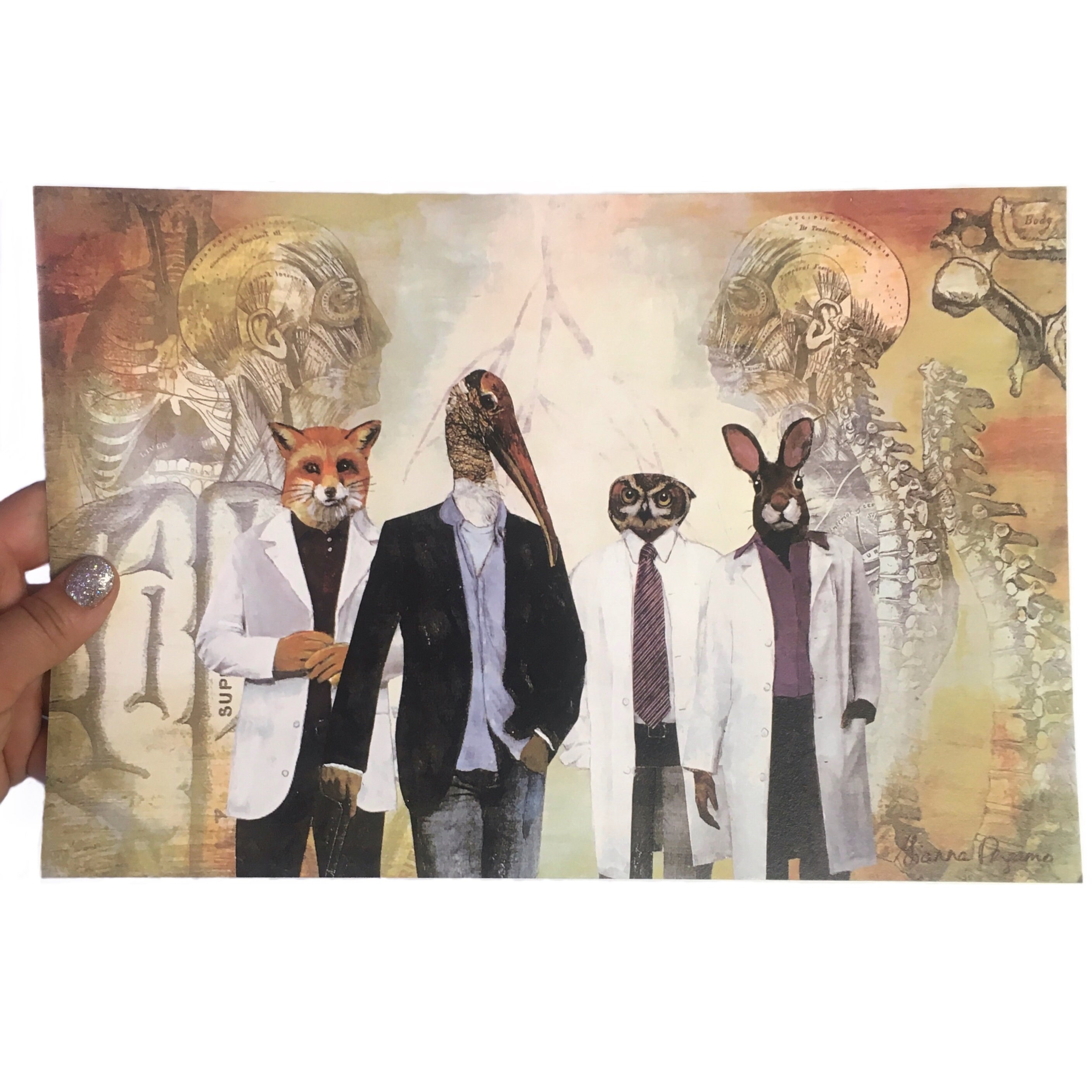 Doctor Animal Art Print, 8x12" Medical Drama Weird Art for Doctors, Gift for Nurse, Unusual Decor Gifts, Collage Wood Stork Owl Hare Fox - Thumbnail 2