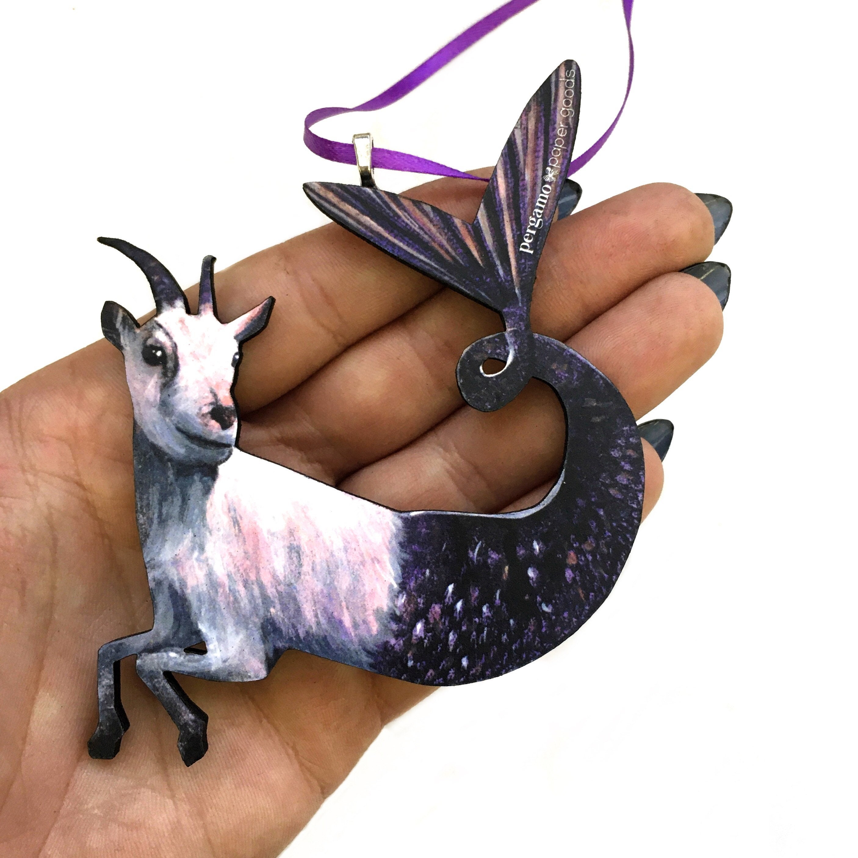 Capricorn Ornament, Mermaid Goat Christmas Decoration, Illustrated Zodiac Gift, Stocking Stuffer Weird Gifts, Wood Farm Holiday Decor - Thumbnail 2