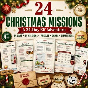 Peut inclure: Un kit d'activités de Noël de 24 jours intitulé 24 Christmas Missions A 24-Day Elf Adventure. L'ensemble comprend plusieurs cartes de mission imprimées avec des puzzles, des jeux et des défis, une enveloppe top secrète avec un sceau en cire rouge.