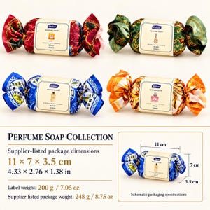 May include: Four perfume soaps wrapped in patterned fabric resembling candy, featuring red, green, blue, and orange designs. Each label reads Oebor Perfume Soap Natural Plant Essence 200g. A diagram shows dimensions of 11 x 7 x 3.5 cm.