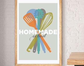 Kitchen Utensils Wall Art- Gourmet Chef gift, Homemade is best Kitchen Art print, Modern Mid Century style Foodie gift