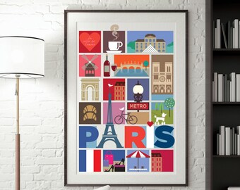 Paris Cityscape Typography & Illustration Print, World City print, Unique Travel poster, Modern Eiffel Tower Print, Collage Art