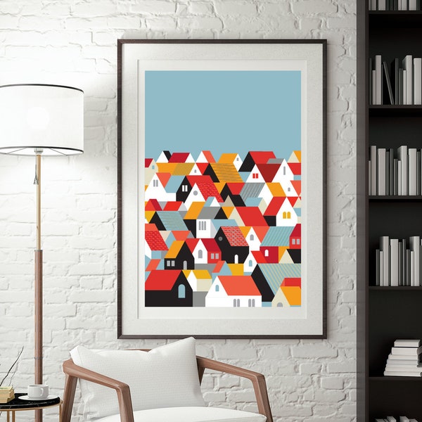 Scandinavian Folk Art, Swedish Folk Art, Minimal Decor for Living Room,  Nordic Wall art, Little Houses Digital Print, Sweden Wall Decor