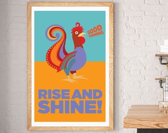 Folk Art Rooster Kitchen decor, Rise and Shine Print, American Folk Art Prints, Kitchen Wall Art, Decorative Poster Folk Style Gifts for Mom