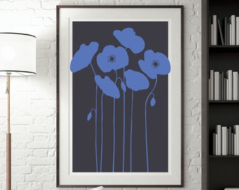 Blue Poppy Art Print, Poppy Wall Art Home Decor Floral Print, Blue Bedroom Wall Art over the Bed, Abstract Flower Art, Gifts for Mom