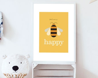 Bee Art print, Bee Happy Nursery art, Mid Century Modern, Minimalist Bee illustration Poster Print, Honeybee Baby Shower gift