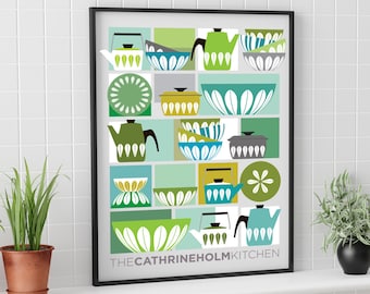Catherine Holm Bowls Poster Print, Cathrineholm Colorful Kitchen Art, Scandinavian Kitchen illustration print,  Mid Century Modern Wall art