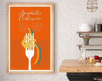 Regalo gastronomico - Ricetta della famiglia Spaghetti Carbonara Stampa, Decorazione parete cucina arancione, stampa pasta italiana, poster cucina, regalo sposo