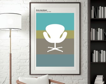 Arne Jacobsen Swan Chair Poster, Midcentury Modern Wall art, Scandinavian Style Cafe decor, MCM Wall art, Restaurant Decor
