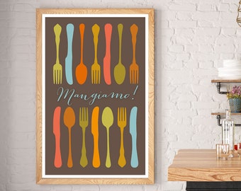 Mid Century modern Kitchen Print, Mangiamo Cutlery Print, Kitchen Art, Modern Colorful Kitchen poster, Cutlery Restaurant Decor