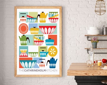 Catherine Holm Colorful Kitchen Art, Scandinavian Kitchen illustration print,  Cathrineholm Bowls Poster Print, Mid Century Modern Wall art