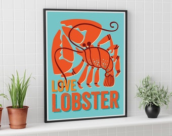 Restaurant Decor Lobster Art Print, Love Lobster Kitchen Print, Ocean life Poster Print, Sea Creatures Art, Orange Teal Kitchen wall art