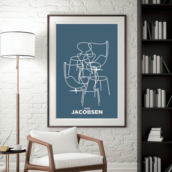 Mid Century Modern Line Art Print, Blue Abstract Arne Jacobsen Chair Print, Bauhaus Poster, Retro Furniture Digital Art, Unique Home decor