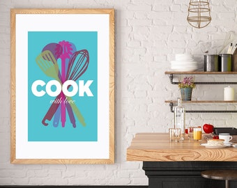 Mid Century Kitchen Utensil Art - Cadeau de chef, Cook with Love Kitchen Poster, Cadeau Foodie, Art mural de cuisine d’illustration simple