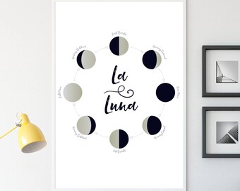 La Luna Moon Phases Print, Minimal Lunar Phases Print, Moon Phase Art, Moon Cycle Poster, Modern Black and White Digital Print