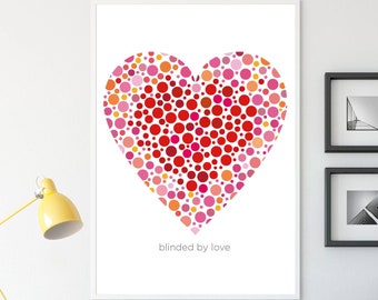 Valentines day, Blinded By Love Print, Dotted Red Heart Poster Print, Romantic Gift for Her, Heart Illustration, Large Heart Wall Decor