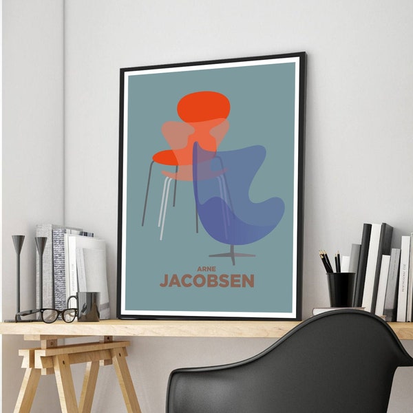 Arne Jacobsen Egg Chair, Midcentury Modern Furniture Wall Art, Modern Orange Blue Poster Print, Simple artwork Wall decor