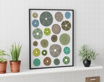 Sea Urchin Shell Poster Print, Sea Foam Green Wall Decor, Modern Minimal Art Print, Blue Green Nautical Ocean Decor, Colorful Nursery Art