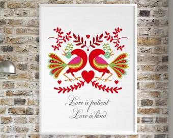 Love is Patient Love is Kind - Scandinavian Folk Art Print, Hygge print, Colourful Love Birds Art, Engagement Gifts for Couple