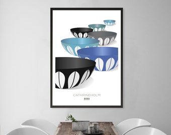 Cathrineholm Mid Century Modern Prints, Scandinavian Kitchen Poster, Blue bowl Wall Art Print, Norway Kitchen art Gifts