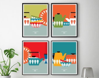 Cathrineholm Kitchen Art Print, Set of 4 Prints -  Scandinavian Kitchen Print, Catherine Holm Poster Prints, Mid Century Modern Kitchen Nook