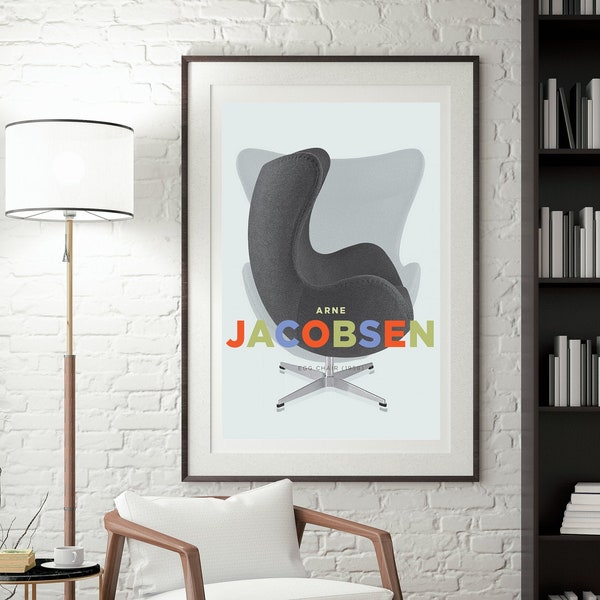 Arne Jacobsen Stuhl Druck, Mid Century moderne Industriedesign Wandkunst, Bauhaus-Plakat, Retro-Möbel digitale Kunst, einzigartige Wohnkultur