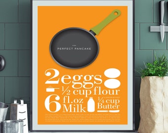 Pancake Retro Kitchen Art Print, Mid Century Kitchen Wall Decor, Colorful Minimalist poster, Illustrated Recipe Print