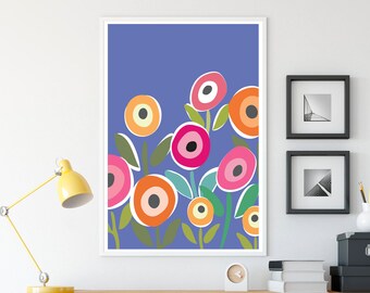 Abstract Blue Flower art Print, Colorful Wall Art, Pop Art Floral Print, Living Room Wall art decor, Contemporary Digital Art