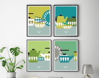 Cathrineholm Kitchen Art Print, Set of 4 Prints -  Scandinavian Kitchen Print, Catherine Holm Poster Prints, Mid Century Modern Kitchen Nook