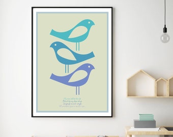 Cute Scandi Birds Print, Playroom Wall art, Danish Modern Hygge Decor, Bob Marley Print, Nursery Decor, Three Little Birds Blue Wall Art