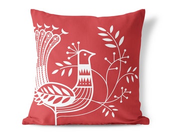 Swedish Folk art Proud Peacock Throw Pillow Cover, Peacock decor - Red Cushion Cover, Red Accent Bedroom Decor, Unique Housewarming gift