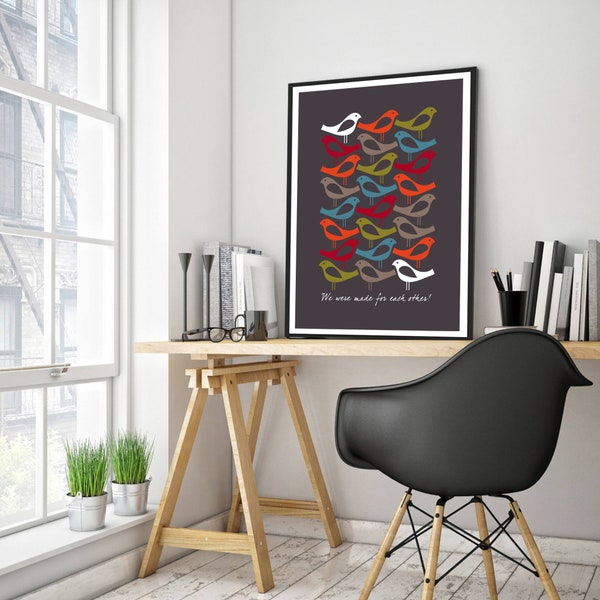 Scandinavian Folk Print, Orla kiely Birds Made For Each Other, Bird Lover Gift,  Hygge Prints, Simple artwork, Scandinavian Bird Print