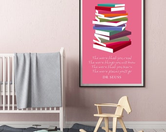 Stacked Books Poster, Dr Suess Quotes Book Stack Wall Art, Bookish Gifts, Inspirational Literary Prints, English Teacher or Librarian gifts