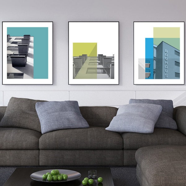 Gallery Wall Art Set, Mid Century Modern Wall Art Triptych, Iconic Bauhaus Architecture Poster Print Set of 3, Famous Designers Art