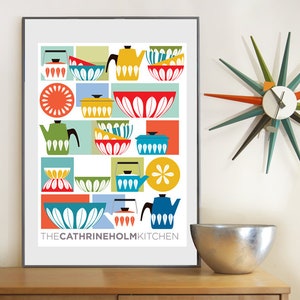 Cathrineholm Colorful Kitchen Art, Scandinavian Kitchen illustration print, Catherine Holm Bowls Poster Print, Mid Century Modern Wall art