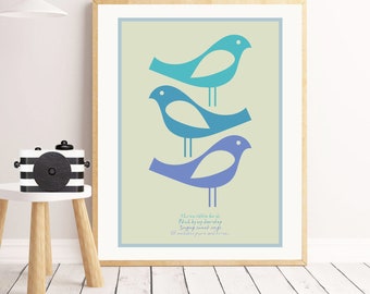 Nursery Print, Cute Scandi Birds Print, Playroom Wall art, Danish Modern Hygge Decor, Bob Marley Print, Three Little Birds Blue Wall Art