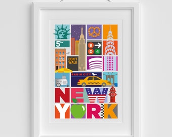 New York Collage Print, Unique Travel prints, New York gift idea, Graphic Illustration, New York City Wall art