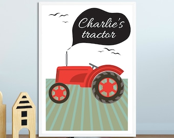 Personalized Red Tractor Print, Vintage Tractor Illustration Print, Customizable Nursery Name Print, Farm Nursery Prints, Kids Name Poster