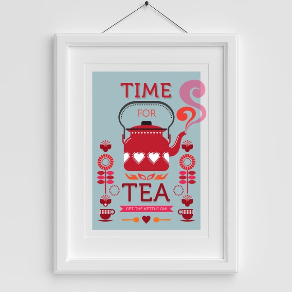 Scandinavian Folk Art Time for Tea Print, Gifts for Tea lovers, Tea poster - Retro Kitchen Art Print, Tea Kettle Poster Print