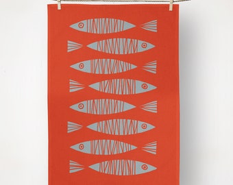 Sketchy Fish Kitchen Towels, Printed Tea Towels, Orange Tea towel, Reusable Dish cloths, Illustrated hand towels for Kitchen