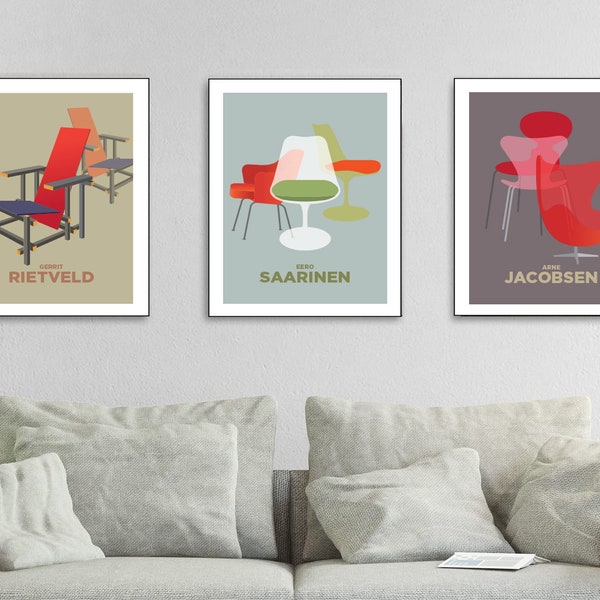 Mid Century Modern,  Wall Art Triptych, Arne Jacobsen, Poster Print Set of 3, Famous Designers Art