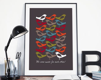 Norwegian Folk Art, Minimal Decor, Scandinavian Folk Print, Birds Made For Each Other Colorful Poster, Hygge Prints, Simple artwork