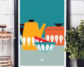 Scandinavian Kitchen illustration print, Cathrineholm Colorful Kitchen Art, Catherine Holm Bowls Poster Print, Mid Century Modern Wall art