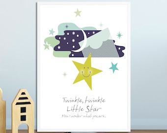 Twinkle Twinkle Little Star Print, Nursery Rhyme Prints, Mint Nursery Decor, Nursery Star Print, Kids room decor, Twinkle Song Lyric Print