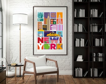 New York Collage Print, Unique Travel prints, New York gift idea, Graphic Illustration, New York City Wall art