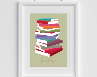 Stacked Books Poster Dr Suess Quotes Book Stack Wall Art Inspirational Literary Prints English Teacher or Librarian gifts Bookish Gifts