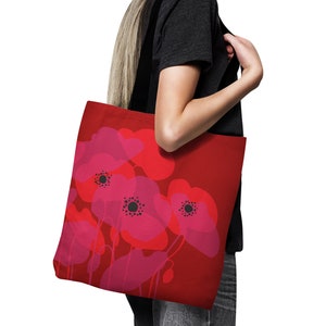 Canvas Floral Tote bag, Red Poppies Art bag, Large shopping bag, Reusable Hippie tote bag, Unique Library bag