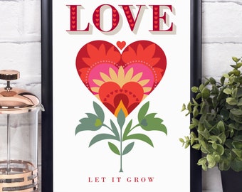 Valentines Day Gift, Let Love Grow Sign, Floral Heart Gift for Couple, Swedish Folk Art Print, Scandinavian Folk Art Wedding gift,